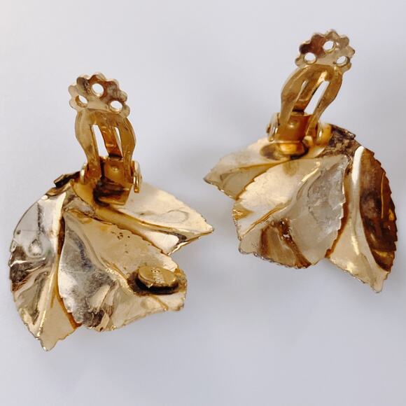Signed Primex Mid Century Gold Tone Floral Brooch Earrings Set Leaf Flower - Picture 13 of 15